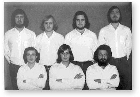 GOUGH 16 (1970-1971): Back (L-R) S.I. Basson (Meteorologist), J. Coetzer (Meteorologist), L.S. Genlloud (Radio Operator), P.J.S. Ludwick (Medic); Front: C.M. Moolman (Meteorologist), A.J. Wannenburg (Senior Meteorologist/Leader), H.J. Fourie (Radio Technician).