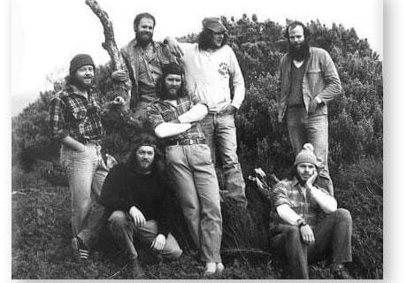 GOUGH 26 (1980-1981): Back (L-R) Peter Stockwell (Radio Technician), John Stone (Diesel Mechanic/Leader), Thys Kotze (Meteorologist), Ian Martin (Medic); Front: Raymond Hilland (Meteorologist), Barnie Barnard (Senior Meteorologist), Gordon Mcintyre (Radio Operator).
