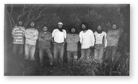 GOUGH 28 (1982-1983): (L-R) P. Uys (Radio Technician), G. van Rooyen (Radio Operator), R. Clifford (Medic), R. Seton (Meteorologist/Leader), C. Wolmarans (Senior Meteorologist), T. de Jongh (Meteorologist), D. Hattingh (Diesel Mechanic), I du Plessis (Meteorologist).