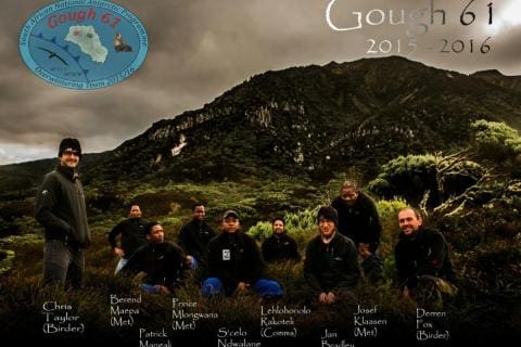 GOUGH 61 (2015-2016): (L-R) Chris Taylor (Birder), Berend Maepa (Meteorologist), Patrick Mangali (Medic), Prince Mlongwana (Meteorologist), S\'celo Ndwalane (Diesel Mechanic), Lehlohonolo Rakoteli (Communication Officer), Jan Bradley (Birder), Josef Klaasen (Meteorologist), Derren Fox (Birder).