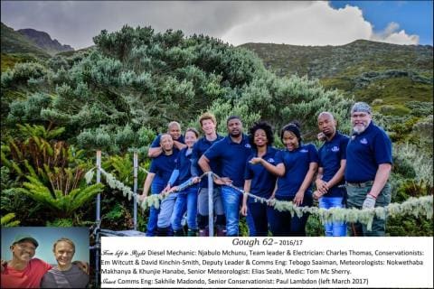GOUGH 62 (2016-2017): (L-R) Njabulo Mchunu (Diesel Mechanic), Charles Thomas (Team Leader/Electrician), Emma Witcutt and David Kinchin-Smith (Conservation Biologists), Tebogo Saaiman (Deputy Leader/Communications Engineer), Nokwethaba Makhanya and Khunjie Hanabe (Meteorologists), Elias Seabi (Senior Meteorologist), Tom Mc Sherry (Medic); Insert: (L-R) Sakhile Madondo (Communications Engineer) and Paul Lambdon (Senior Conservation Biologist) – both resigned from the island in March 2017.