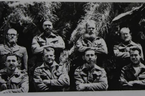 MARION 10 (April 1953-March 1954): Back (L-R) Cpl F. Rossow (Medic), C. Helberg (Radio Technician), W.J. Thiele (Diesel Mechanic), Johan P. Bothma (Meteorologist); Front: H.A. Tate (Radio Operator), C.F.N.G. Laurie (Radio Technician), Gerrit J. Prinsloo (Officer-in-Charge/Senior Meteorologist), G.J. Visser (Meteorologist), Photo taken by (therefor absent: G.J. Grundlingh (Cook).