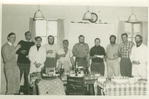 MARION 15 (April 1958-March 1959): (L-R) B. Barnard (Diesel Mechanic), A. Gerber (Radio Operator), T. Hurst/Hirst (Handyman), T. Jones (Handyman), George Lampen (Meteorologist), P./R. "Mac" McLean (Cook), G./J. Myburgh (Leader/Senior Meteorologist), Jimmy Pietersen (Radio Operator), J. "Blackie" Swart (Radio Technician), Olof A. van Zyl (Meteorologist), Gideon Zandberg (Meteorologist).