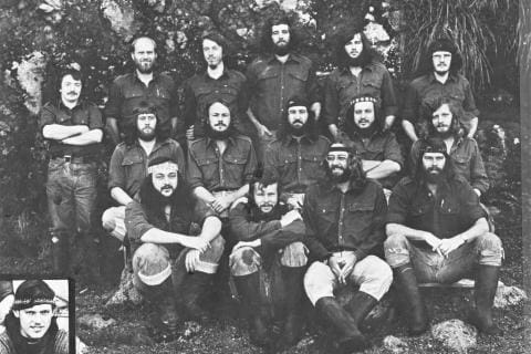 MARION 32 (1975-1976): Back (L-R) K. Hall (Geomorphologist), E. van Zinderen Bakker (Biologist), H. Lindeboom (Biologist), R. Royce (Senior Meteorologist), S. Potgieter (Medic), M. Maurion (Ionosphericist); Middle: R. Munger (Diesel Mechanic). P. Swemmer (Deputy Leader/Radio Technician), C. Grové (Leader/Meteorologist), W. Gruellich (Radio Operator), R. van Aarde (Biologist).