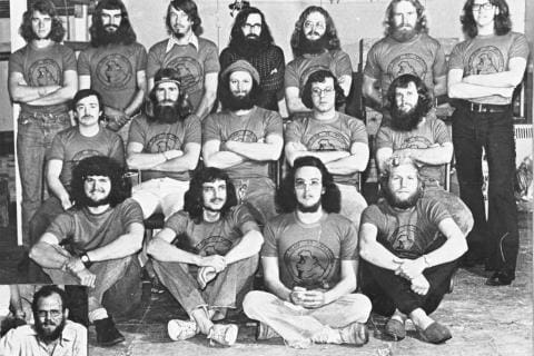 MARION 33 (1976-1977): Front (L-R) A.E. Burger (Ornithologist), C Brittion (Radio Operator), B.J. Fourie (Meteorologist), B.H. Erasmus (Biologist) Middle: K.J. Hall (Geomorphologist), D.I. Roswell (Senior Meteorologist), J.R. Riley (Leader Ionophericist/Radio Technician), J. Venter (Deputy Leader/Medic), C.J. Sione (Diesel Mechanic) Back: T.G. O\'Connor (Biologist), G.M. Craig (Biologist), H.J. Lindeboom (Biologist), A.J. Williams (Ornithologist), E. de Beer (Meteorologist), D.C.J. Langley (Geomorphologist), R.C. Mitchell (Meteorologist).