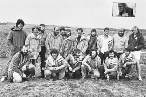 MARION 40 (1983-1984): Back (L-R) M. Boekstein (Meteorologist), S. Chown (Biologist assistant), J. Crafford (Biologist), G. Saunders (Birder), M. Brooke (Biologist), F. Munnik (Radio Technician), C. Gilbert (Biologist assistant), S. Atkinson (Birder), B. Stead (Biologist assistant), G. Clarke (Meteorologist), C. van Rooyen (Medic); Front: J. van Niekerk (Senior Meteorologist), D. May (Diesel Mechanic), P. Esterhuizen (Leader/Meteorologist), L. Lines (Deputy Leader, Communicator), B. Birkett (Meteorologist), L. Chevallier (Geologist); Insert: C. Pretorius (Diesel Mechanic).