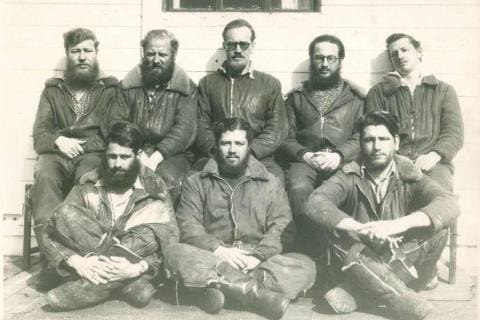 MARION 5 (Relief 4) April 1950-September 1950: Back (L-R) Kenneth Kockjoy (Radio Operator), D.A. Braunschweig (Radio Technician/Diesel Mechanic), Daan Triegaardt (Leader/Meteorologist), Rudolph Skawran (Meteorologist); Position unknown: C.J.J. Holliday (Medic), H.L. Ind (Carpenter), H.L. Malherbe (Meteorologist), B.F. Schaaf (Carpenter).