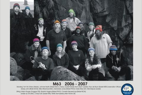 MARION 63 (2006-2007): Back (L-R) Tom McSherry (Medic), Johnnie Heath (Diesel Mechanic), Kobus Joubert (Radio Technician/Team Leader), Nico de Bruyn (Sealer-MRI/Concervation Officer), Sanjay John (Birder - MCM), Sifiso Mkwanazi (Meteorologist), Genevieve Jones (Birder - PFIAO), Kobie Steyn (Senior Meteorologist/Deputy Leader); Front: Marion Burger (Goggas - CIB), Quentin Hagens (Birder - PFIAO), Cornelia Nieuwenhuys (Birder - MCM), Santjie du Toit (Meteorologist), Cheryl Tosh (Sealer - MRI), Tshililo Ramaswiela (Alien Plants - CIB); Inserts: Jan Joubert, Anke Joubert (Diesel Mechanic and Medic - April 2006 to August 2006), Sean Pringle (Medic - August 2006 to November 2006).