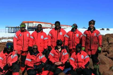 SANAE 62: Back: DJ van Wyk (SANSA Engineer), Tlhonolofatso Tebele (DFFE: Meteorological Technician), Themba Luphuwana (DFFE: Communications Engineer), Kuselo Vatyana, Alan Daniels (DFFE: Diesel Mechanic) Front: Nivek Ghazi (SANSA Engineer), Nkosi Madama (DFFE: Instrumentation Technician), Abby Paton (DFFE: Medical Doctor-Team Leader), Yanga Jonas (DFFE: Electro-Mechanical Technician) 