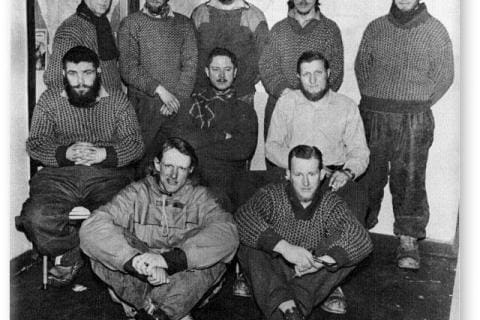 SANAE 1 (1960): Back: André van der Merwe, Dick Bonnema, Hannes la Grange, Marten du Preez, Blackie de Swardt. Middle: George Strauss, Niek Erasmus, Chris de Weerdt. Front: Victor von Brunn, Theo van Wijk.