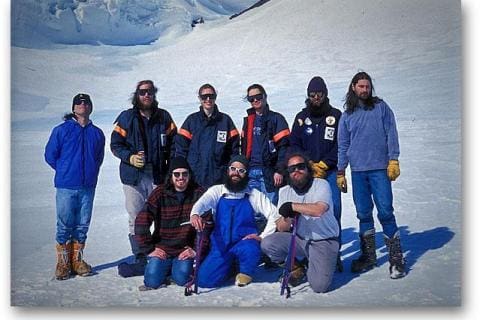 SANAE 36 (1997): Back (L-R) Etienne Hugo (Electrical Engineer), Burt Wilson (PU Scientist), Aithne Rowse (Doctor/1st woman SANAE member), Hein de Beer (Electrical Engineer), Bez Bezuidenhout (Diesel Mechanic), Jacques la Cock (Diesel Mechanic); Front: David Frank (Meteorologist/Leader), André Larisma (UND Scientist), Piet Swanevelder (PU Scientist).