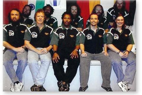 SANAE 40 (2001): Back (L-R) Robert Inglis (Mechanical Engineer), Adrian Adonis (Diesel Mechanic), Anton Grobler (Electronic Engineer), Stephan de Wet (Electrical Engineer), Dirk Uys (HF Radar Engineer); Front: Farouk Parker (Medical Doctor/Leader), Aiden Flack (Diesel Mechanic), Ntembeko \'Zinho\' Njovane (Anoks Scientist), Carl Bellingan (Amigo Scientist), Charne Reyneke (Meteorologist/Deputy Leader).