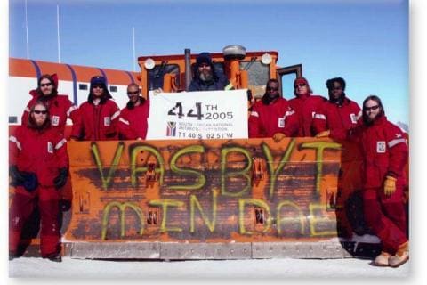 SANAE 44 (2005): (L-R) Jonathan Starke (Medical Doctor/Team Leader), Chris van der Merwe (HF-Radar/seismo scientists), Martin Slabber (Electrical Engineer/Deputy Team Leader), Mfanukhona Joseph Nhlapo (Electronics Engineer), August Arnold (Diesel Mechanic), Gracious Banda (Mechanical Engineer), Aiden Flack (Diesel Mechanic), Shadrack Podile (Meteorologist), Brian Bowie (Anoks/Amigo Scientist).