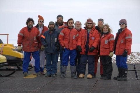 SANAE 48 (2009): (L-R) Nole Green (Diesel Mechanic), Lötter Kock (Electrical Engineer/Team Leader), Charl van Aardt (Diesel Mechanic), Erick Minnie (Cosmic Ray Scientist/Engineer), Alan Huang (Electronic Engineer/Deputy Leader), Willie Nel (Mechanical Engineer), Keith Browne (Radar Engineer), Johan Jamneck (Senior Meteorologist), Joanna Thirsk (Medical Doctor), Rory Meyer (Space Weather Scientist/Engineer).
