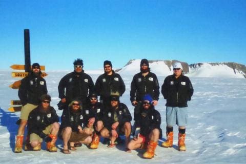 SANAE 49 (2010): Back (L-R) James Hayes (Space Weather Engineer), Marlon Manko (Diesel Mechanic), Etienne Kruger (Cosmic Ray Scientist), Robert Schoeman (Meteorologist), Johan Nortje (Diesel Mechanic); (Front) André Harms (Mechanical Engineer & Team Leader), Ryno Jordaan (Electrical Engineer), Lowellen Clarke (Doctor), Roger van Schie (Radar Engineer), Tyrell Sassen (Electronic Engineer & Deputy Leader).