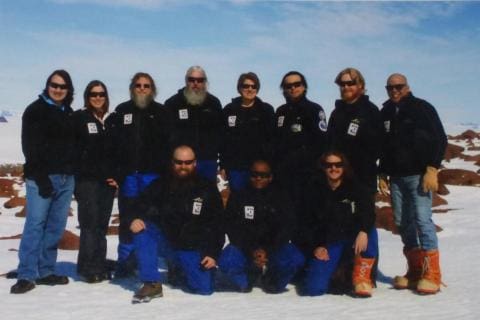 SANAE 50 (2011): Back (L-R) Kevin van Eden (space Weather Engineer), Beatrice van Eden (Space Weather Engineer), Tiki Jordaan (Mechanical Engineer), Gerard de Jong (Electrical Engineer ), Abi Paton (Doctor), Paul Lee (Meteorologist & Team Leader), Renier Fuchs (Cosmic Ray Scientist), Alan Daniels (Diesel Mechanic); (front) Ruan Nel (Radar Engineer), Scelo Ndwalane (Diesel Mechanic), Johan Hoffman (Electronic Engineer & Deputy Team Leader).
