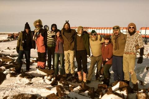 SANAE 53  (2014): (L-R) Brandon Knoll (Diesel Mechanic), Raymond Williams (Diesel Mechanic), Charles Thomas (Electrician), Sonja Hofmann (Doctor & Team Leader), Francois Olivier (Radar Engineer), Hendrik Krüger (Senior Potchkasseie), Leonard Maree (Communications Manager), Cornelia Oberholzer (Space Weather Engineer), Christiaan Crous (Meteorologist), Patrick Sivertsen (Mechanical Engineer & Deputy Team Leader).
