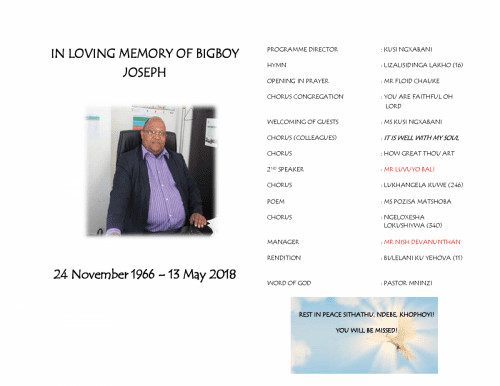 Bereavement Notice – Mr Bigboy Joseph