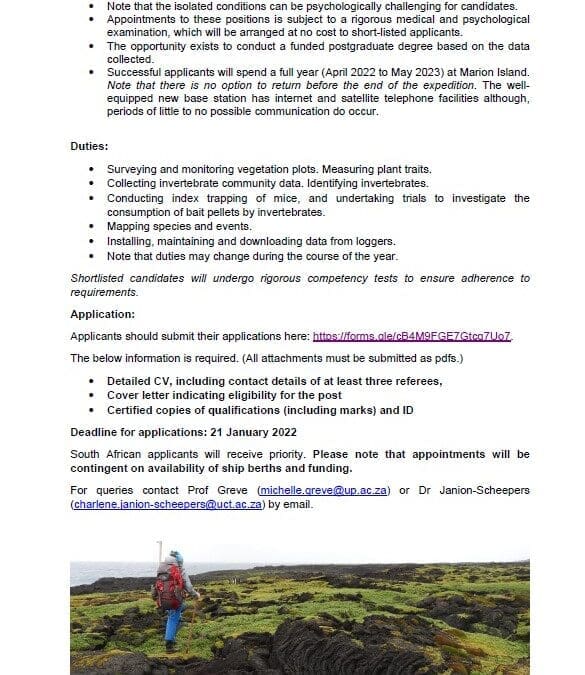 JOB ALERT: Ecological Field Assistants/Researchers on Marion Island