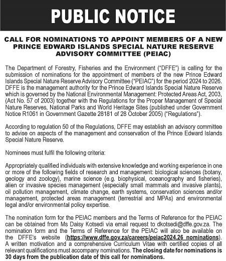Prince Edward Islands Special Nature Reserve Advisory Committee (“PEIAC”) : Nominations
